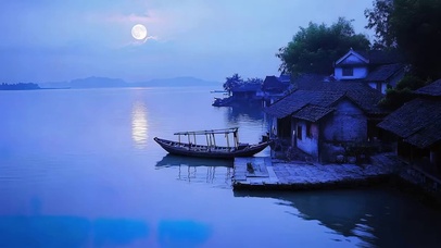 蓝调渔村小镇河岸建筑