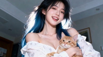 蓝发清纯少女抱橘猫