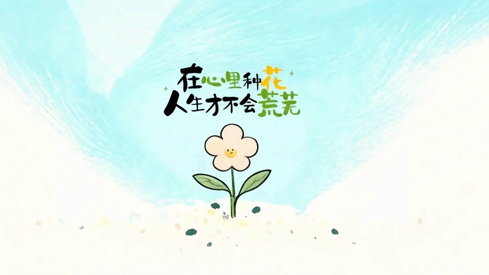 浅蓝与米白渐变的柔和水彩背景，单株带有笑脸的手绘小花，搭配手写风格的励志文字。