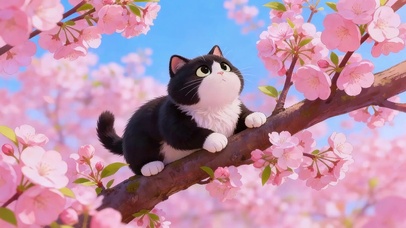 樱花树上黑猫