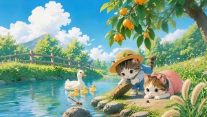 河流边玩耍的猫咪