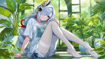 清新绿植窗边的美少女申鹤