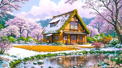 山间树林雪天小屋