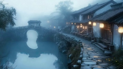 朦胧阴天河岸小镇建筑