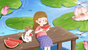 吃西瓜的女孩和猫