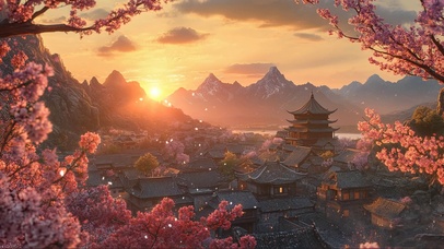 俯瞰夕阳樱花傍晚古城