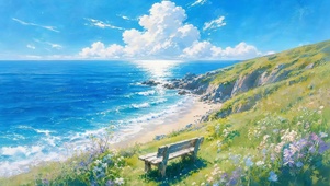 夏风海岸长椅