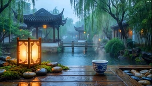 江南园林雨景