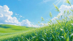 晴日绿野青草地治愈风景