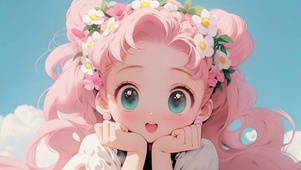 粉发托腮动漫插画女孩
