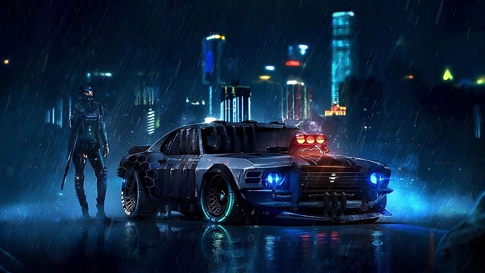 雨夜都市街道，改装跑车旁站立着持长杆武器的人物，背景是霓虹闪烁的高楼