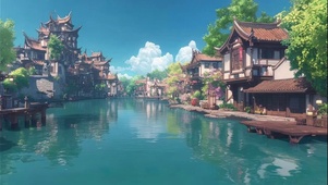 晴天白云水乡古镇风景