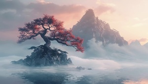 仙境孤岛神树晚霞