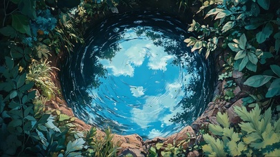 森林绿色古井蓝天倒影