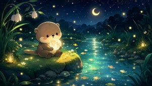 河畔夜空可爱抱光小水獭