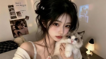 居家女孩和猫咪