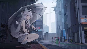 雨中撑伞猫耳少女