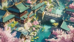 蓝色古城春日粉樱河流
