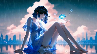 雨夜蓝裙美少女夜兰