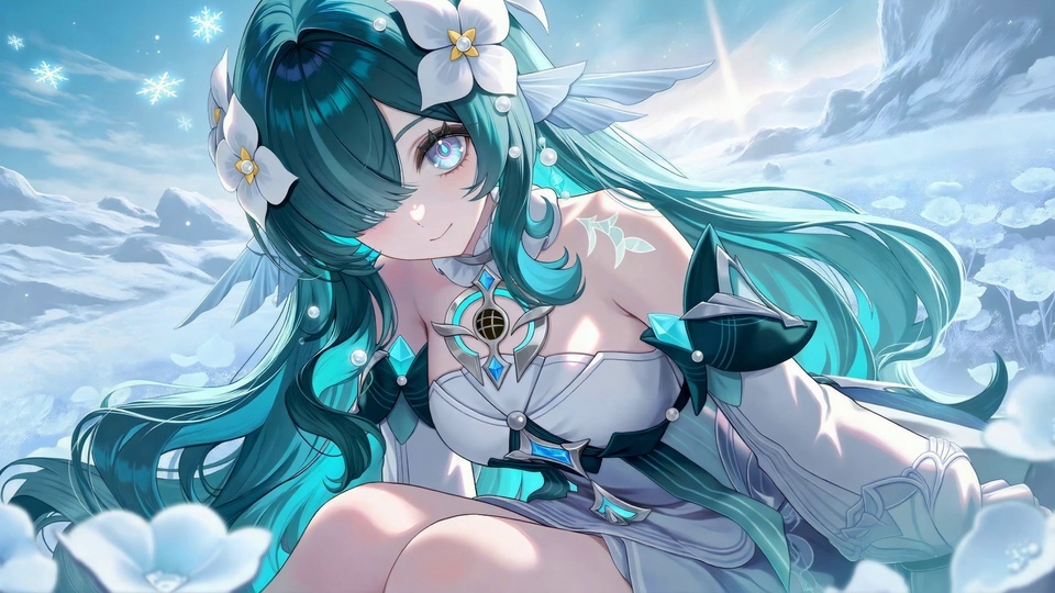 青绿色长发的二次元少女蹲坐在覆雪的山间旷野，周边环绕着半透明的白花。