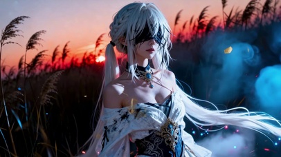 盲眼银发古夕阳下治愈意境少女