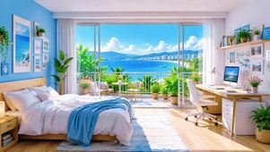清新治愈海景落地窗卧室