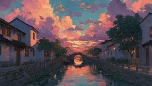 晚霞静谧江南古桥水乡