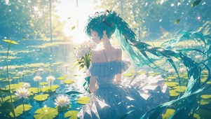 荷花池边的唯美少女初音