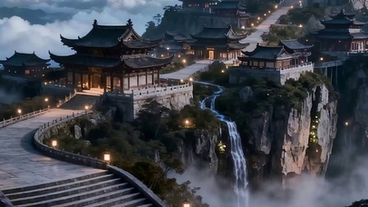 云雾古风瀑布山景带鱼屏