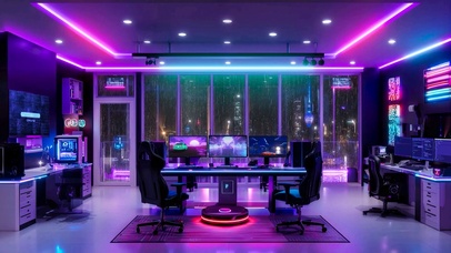 雨夜霓虹电脑房间