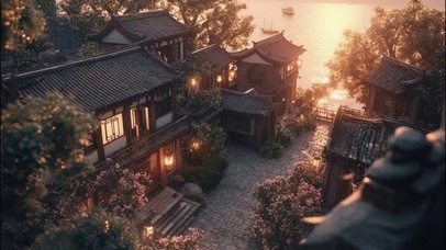 俯瞰傍晚海边古风小镇