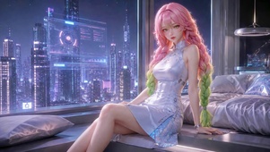 赛博都市粉发旗袍美少女