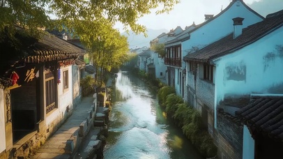 傍晚唯美阳光水乡建筑