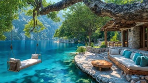 唯美湖边的小屋秋千