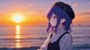 落日海边少女
