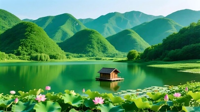 绿色山水荷花小屋
