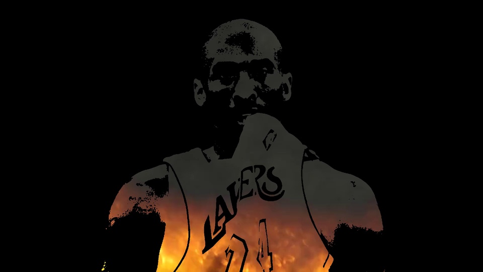 纯黑背景上的灰黑男性篮球运动员剪影，身穿印有LAKERS字样和24号的篮球服，手部抬至嘴边，轮廓边缘带有橙黄色火焰渐变效果，整体为复古简约风格。