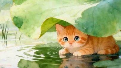 荷叶下猫咪带鱼屏