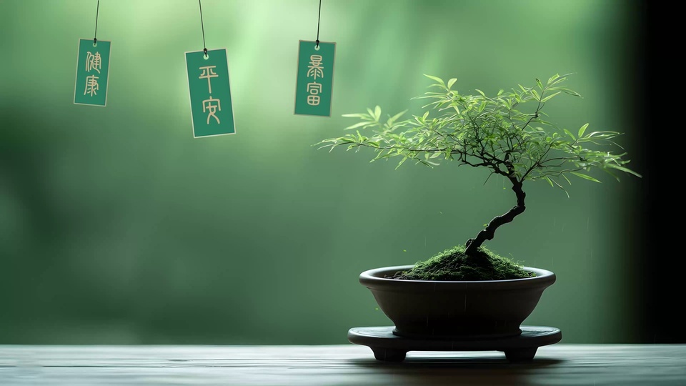 浅木纹台面上摆放紫砂盆景，旁边垂挂着印浅金色文字的深绿色祈福签，背景是柔和的浅抹茶绿色。