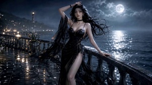 月夜海边黑裙女神