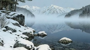 冬日积雪山谷湖泊