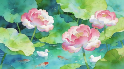 荷花池塘小鸭戏水