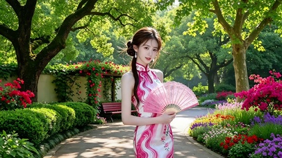 公园花道小径手持香扇的旗袍美女