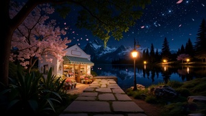 夜景樱花树木河流