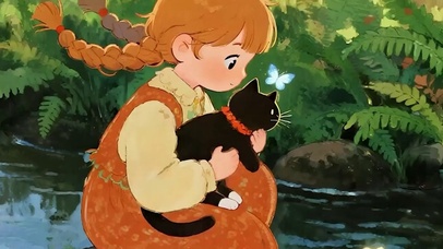 女孩与猫咪带鱼屏