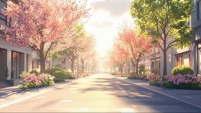 粉樱绿树静谧清新街道