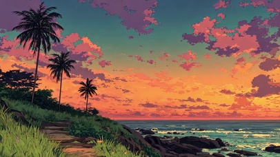 梦幻晚霞热带海岛小径