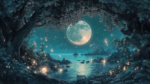 森林湖畔圆月夜空萤火