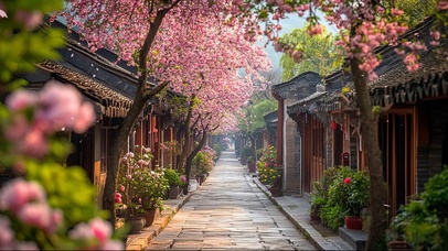 古镇的春日石板路风景