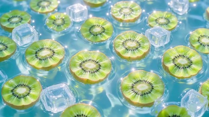 清凉冰水里的猕猴桃切片